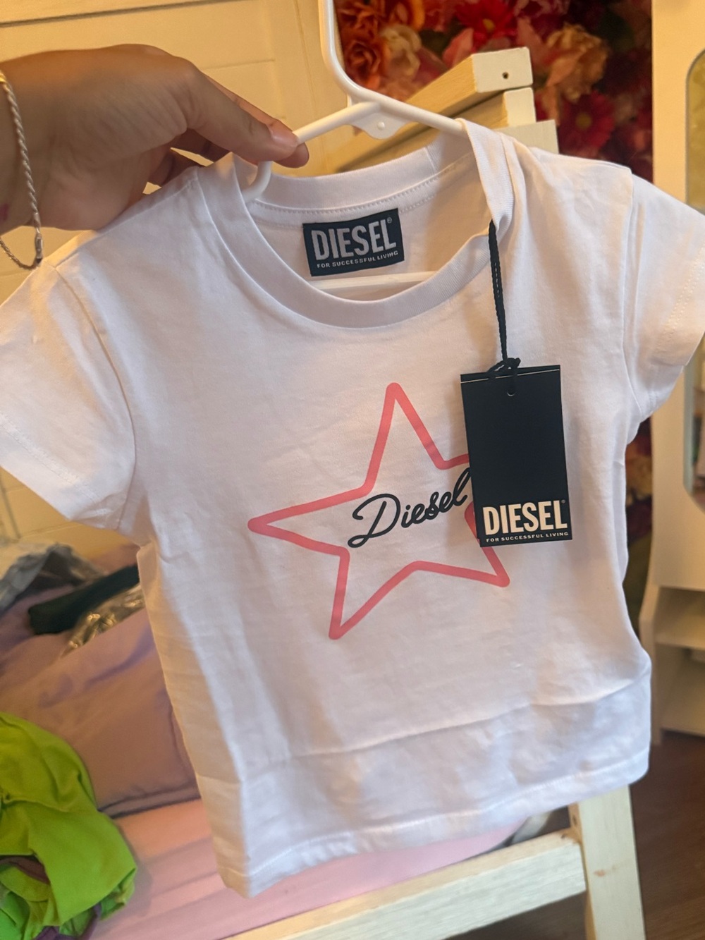 Diesel Kids White Tee with Pink Star Graphic